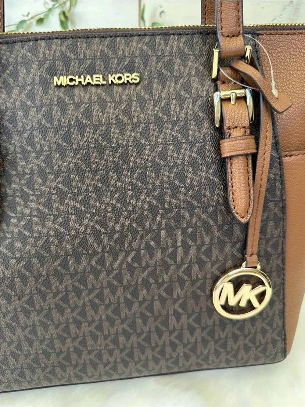 Michael Kors Brown MK Signature Tote with Gold Charm
